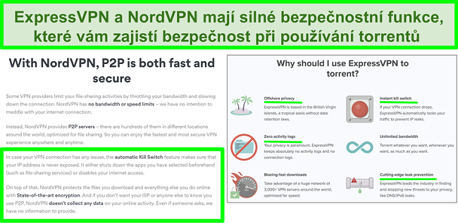Screenshot z webů NordVPN a ExpressVPN, který ukazuje, že podporují torrenty