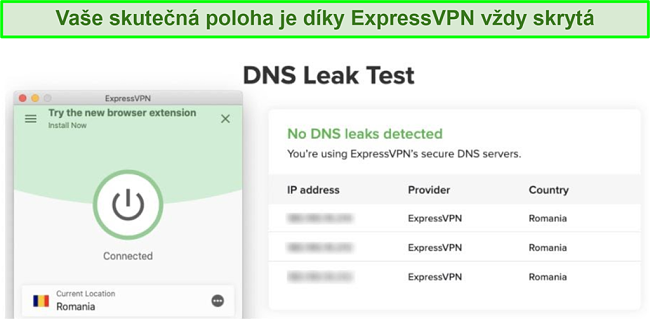 screenshot úspěšného testu úniku DNS pomocí ExpressVPN pro Kodi