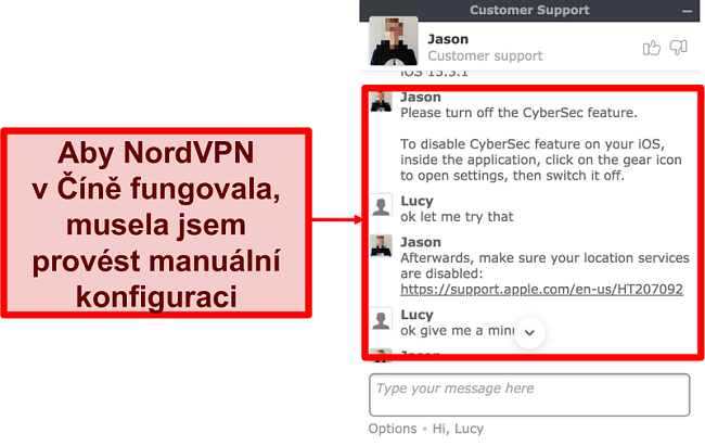 Screenshot chatu s NordVPN s žádostí o radu, jak zajistit, aby aplikace fungovala v Číně