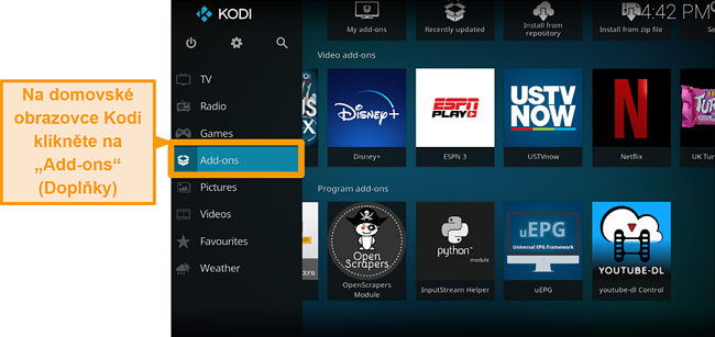 snímek obrazovky s instalací oficiálních doplňků kodi krok dva