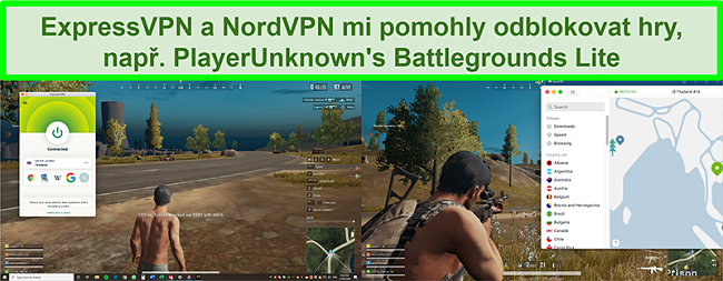 Srovnání screenshotů uživatele hrajícího PlayUnknown's Battlegrounds Lite při připojení k ExpressVPN a NordVPN