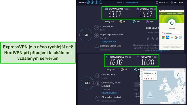 Snímky obrazovky ExpressVPN a NordVPN připojené k britským serverům, přičemž výsledky testů rychlosti Ookla ukazují, že ExpressVPN je o něco rychlejší.