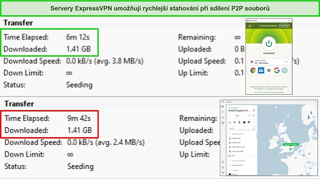 Snímky obrazovky torrent klienta BitTorrent zobrazující časy stahování pro 2 torrenty, s ExpressVPN a NordVPN připojenými k britským serverům.