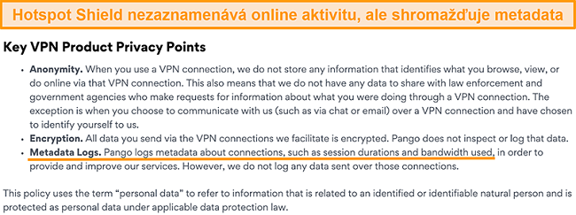 Screenshot zásad ochrany osobních údajů Hotspot Shields