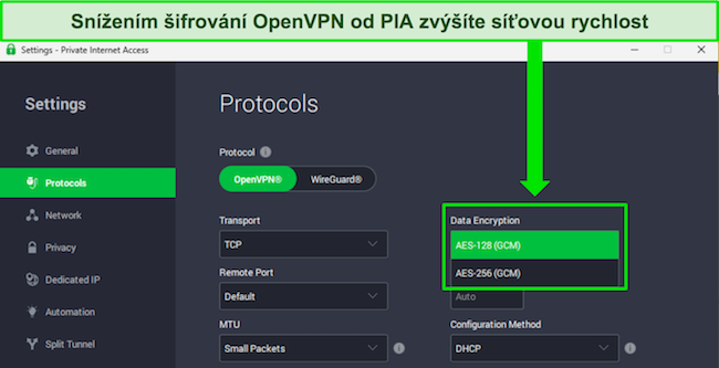 Obrázek aplikace PIA pro Windows zobrazující přizpůsobitelné funkce, které mohou zvýšit rychlost sítě