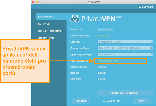 Screenshot aplikace PrivateVPN s číslem přesměrování portů viditelným v aplikaci pro Mac