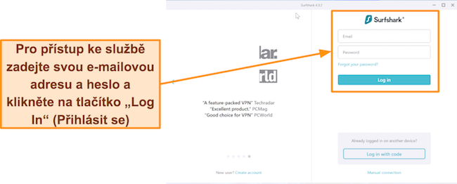 Snímek obrazovky přihlašovací stránky Surfshark