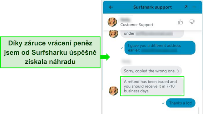 Snímek obrazovky živého chatu Surfshark a žádost o vrácení peněz