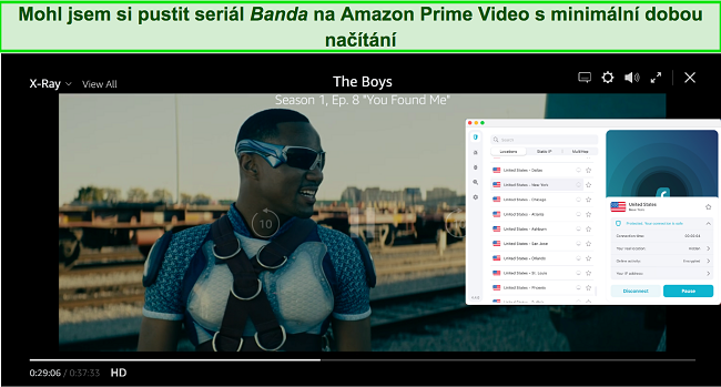 Snímek obrazovky The Boys hrajících na Amazon Prime se Surfshark připojeným k americkému serveru