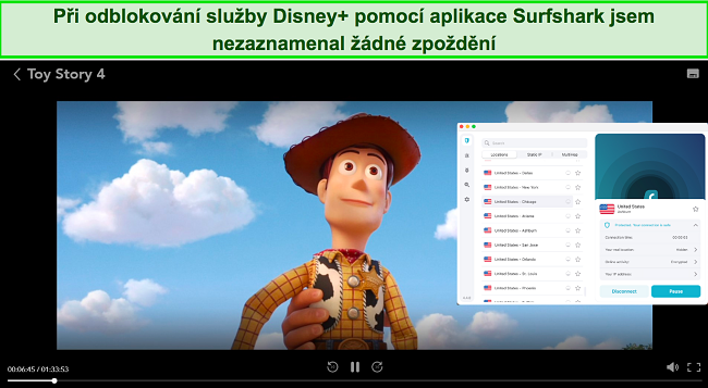 Snímek obrazovky streamování Toy Story 4 na Disney+ se Surfshark připojeným k americkému serveru