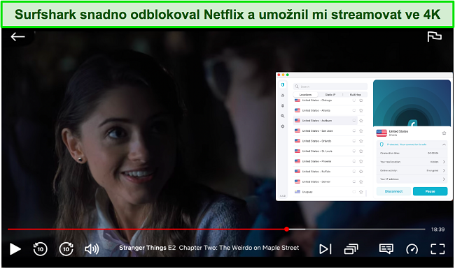 Snímek obrazovky hry Stranger Things na Netflixu se Surfshark připojeným k americkému serveru