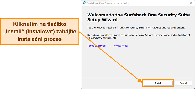 Snímek obrazovky procesu instalace Surfshark pomocí průvodce nastavením