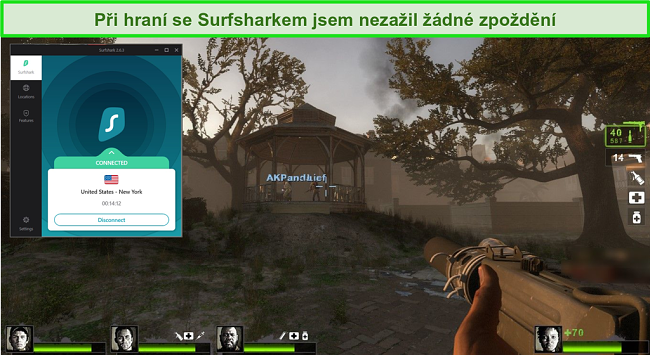 Screenshot z videohry „Left 4 Dead 2“ se serverem Surfshark připojeným k umístění serveru v USA