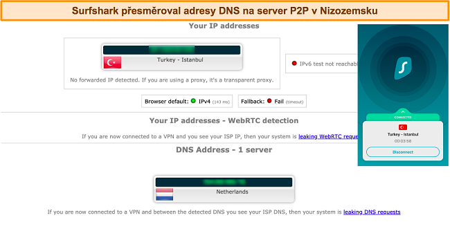 Snímek obrazovky s výsledky testu těsnosti se Surfshark připojeným k americkému serveru