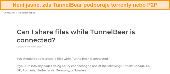 Screenshot stránky řešení potíží TunnelBear se sdílením souborů