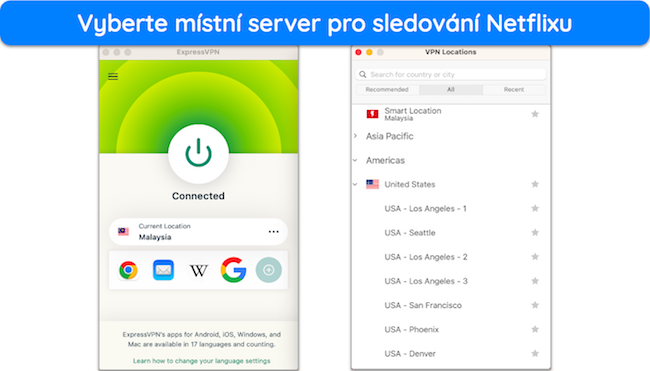 Snímek obrazovky aplikace ExpressVPN