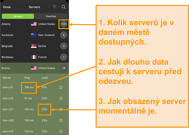 Screenshot ze seznamu serverů IPVanish se zvýrazněnými čísly serveru, ping a zatížením serveru