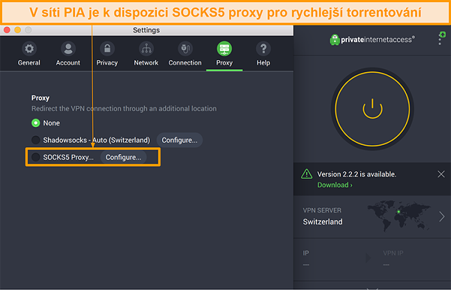Screenshot rozhraní aplikace PIA zobrazující v nastavení možnost proxy SOCKS5