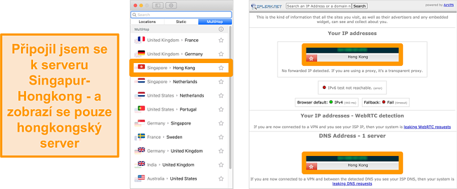 Screenshot ze serveru Surfshark MultiHop (dvojitá VPN) pro Singapur a Hongkong, spolu s výsledky testů těsnosti, které ukazují pouze viditelný server v Hongkongu