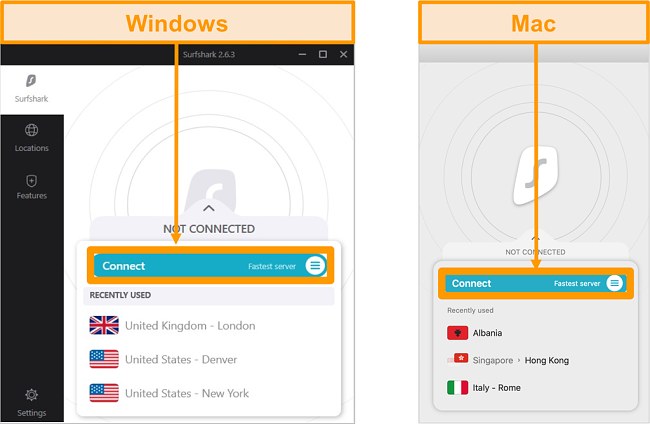 Screenshot aplikací Surfshark pro Windows a Mac se zvýrazněným tlačítkem Connect (Faster Server)