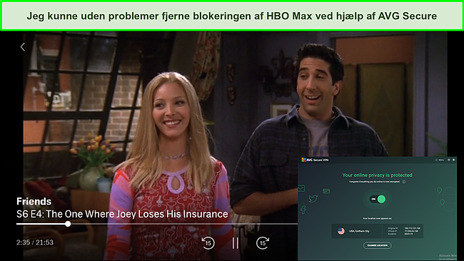 Skærmbillede, der viser AVG Secure VPN afblokeret HBO Max problemfrit.
