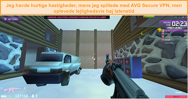Skærmbillede af Kill Streak multiplayer -spil, der spilles, mens det er forbundet til AVG Secure VPN -server i Tyskland.