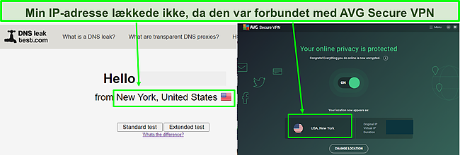 Skærmbillede, der viser AVG Secure VPN, lækkede ikke min rigtige IP under mine tests.