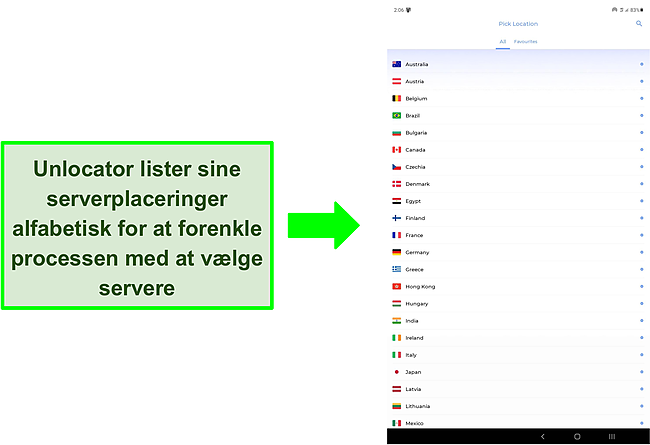 Skærmbillede af serverplaceringer tilgængelige på Unlocator VPN.