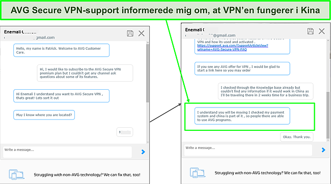 Skærmbillede, der viser AVG Secure VPN Support Agent, der informerer mig om, at dens VPN fungerer i Kina.