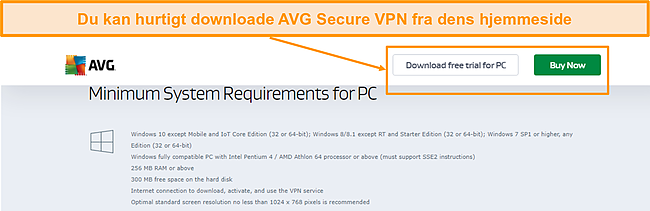 Skærmbillede af downloadsiden til AVG Secure PC.