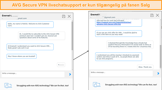 Skærmbillede af AVG Secures support til live chat.