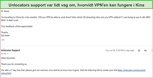 Skærmbillede af min e-mail-samtale med Unlocator VPN-supportrepræsentant.