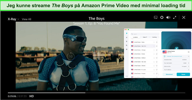 Skærmbillede af The Boys, der spiller på Amazon Prime med Surfshark forbundet til en amerikansk server