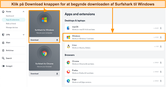 Skærmbillede af Surfsharks downloadside til kompatible enheder
