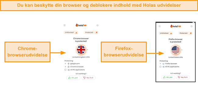 Skærmbillede af Hola VPNs Chrome- og Firefox-browserudvidelser