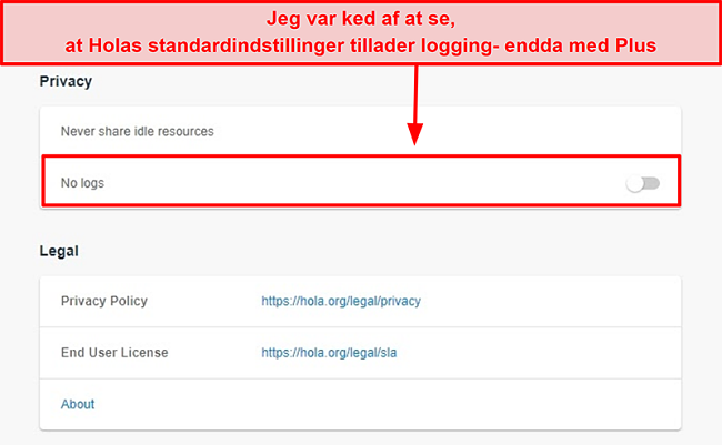 Skærmbillede af Hola VPN's ingen log-indstilling