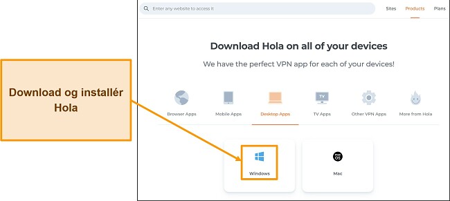 Skærmbillede af Hola VPN-webstedets applikationsdownloadsektion