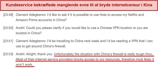 Skærmbillede af kundesupportsvar om Hola VPN's ineffektivitet i Kina