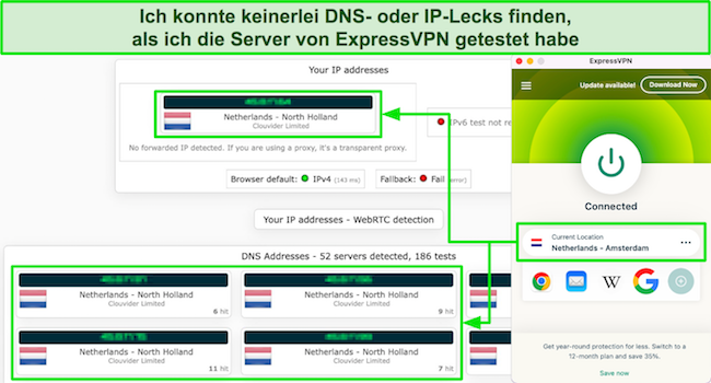 Screenshot der Lecktestergebnisse von ExpressVPN bei Verbindung mit dem Amsterdamer Server