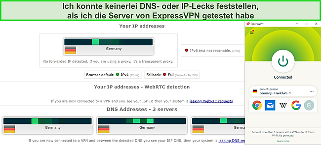 Screenshot eines DNS- und IP-Leak-Tests auf dem deutschen Server von ExpressVPN.