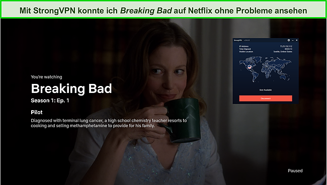 Screenshot von Breaking Bad auf Netflix, während eine Verbindung zu StrongVPN besteht.