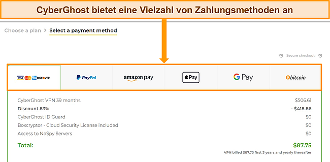 Screenshot der Zahlungsmethoden von CyberGhost.