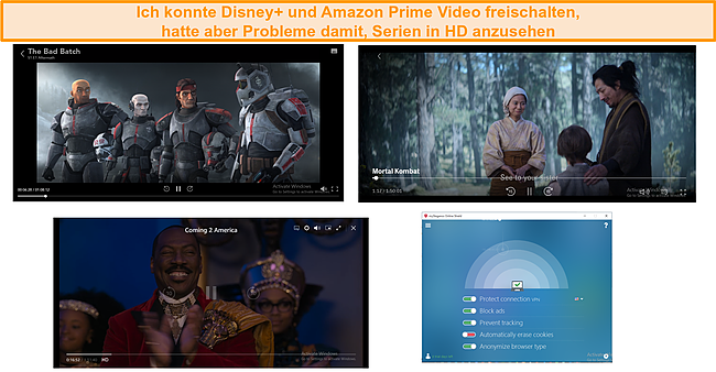 Screenshot von Steganos, der Disney+, HBO Max und Amazon Prime Video entsperrt.