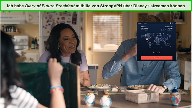 Screenshot des Tagebuchs eines zukünftigen Präsidenten auf Disney+, während eine Verbindung zu StrongVPN besteht.