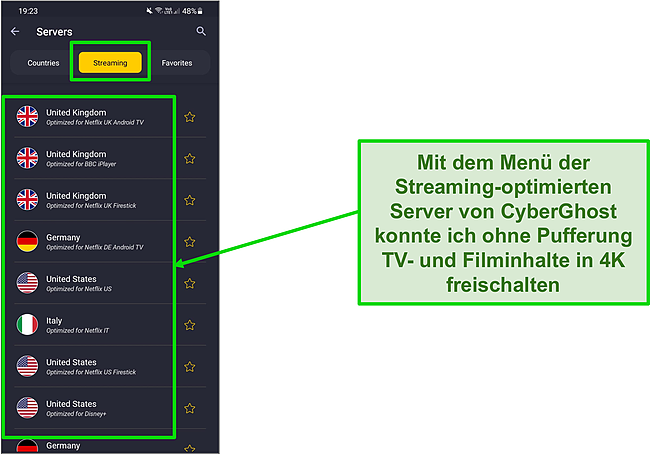 Screenshot der Streaming-optimierten Server in der Android-App von CyberGhost.
