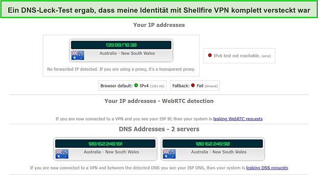 Screenshot der Lecktestergebnisse bei Verwendung von Shellfire VPN.