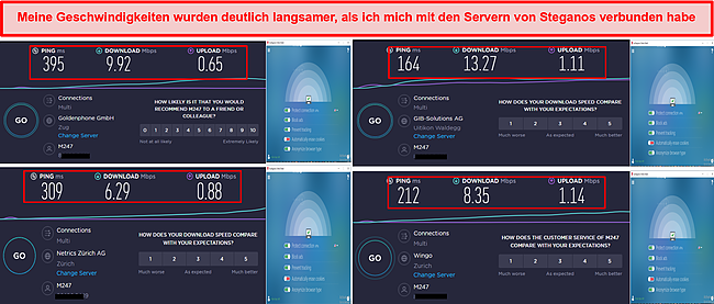 Screenshot der Geschwindigkeitstestergebnisse von Steganos auf vier Servern.