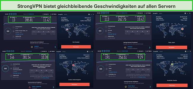 Screenshot mehrerer Geschwindigkeitstests während einer Verbindung mit StrongVPN.