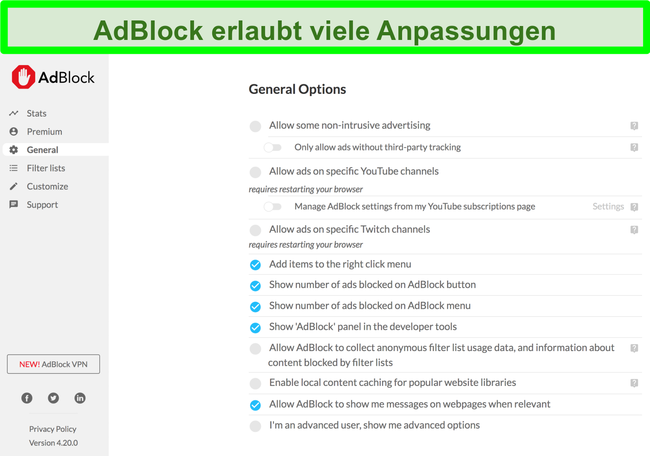 Screenshot mit den vielen Anpassungsoptionen von AdBlock