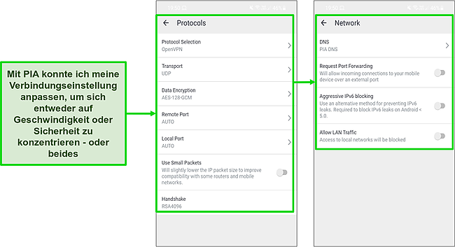 Screenshot der Sicherheitseinstellungen von PIA auf Android.